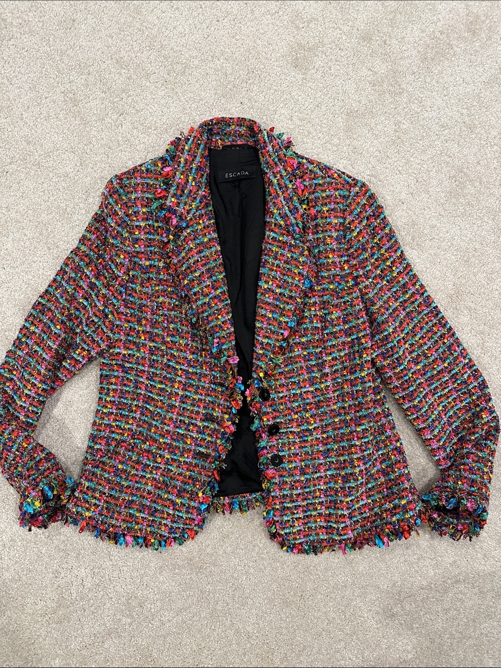 Escada Multicolor Tweed Blazer - Vibrant Fringed Trim (sz 40)